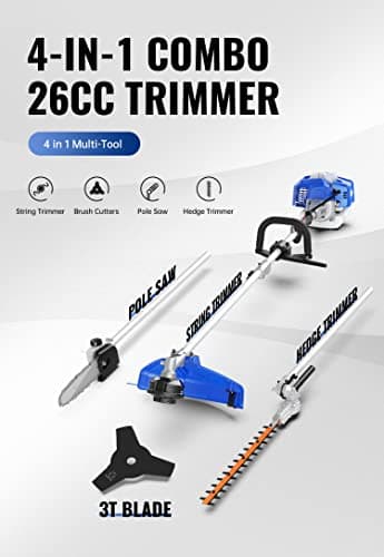 26cc Weed Wacker Gas Powered, String Trimmer/Edger, Pole Saw, Hedge Trimmer and Brush Cutter Blade, 4-in-1 Multi Yard Care Tools, Rubber Handle & Shoulder Strap Included