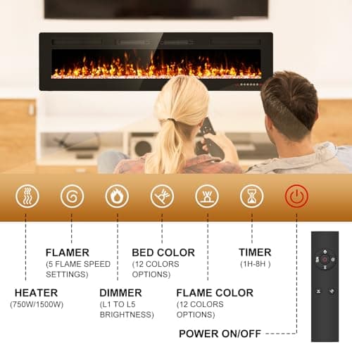 72” Recessed and Wall Mounted Fire Places Electric Fireplace Ultra Thin with Remote Control, Toucn Screen