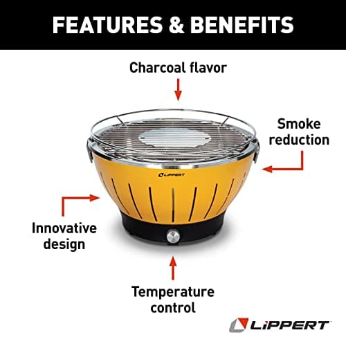 Lippert Odyssey Portable Grill - Compact and Versatile Charcoal Grill for Camping, Tailgating, and Outdoor Cooking - Lightweight and Durable Design with Large Cooking Surface - Amber