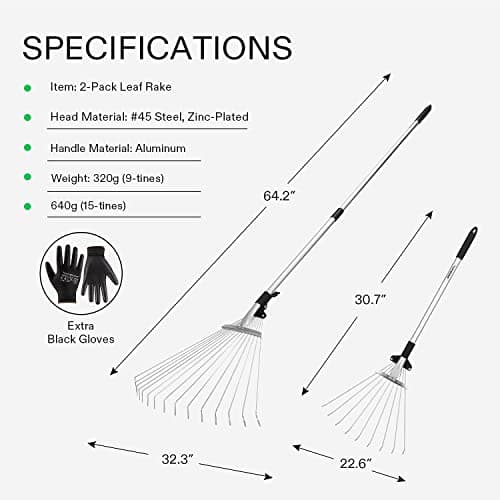VIVOSUN 2-Piece Leaf Rake Set - Adjustable Garden/Camping Rake With 15/9 Tines, Collapsing Tines & Telescopic Handle (64'' & 30'')