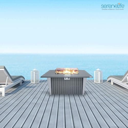 Outdoor Propane Fire Pit Table - CSA/ETL Certified 50,000 BTU Pulse Ignition Weatherproof Rectangle Propane Gas Fire Table w/Adjustable Flame - Glass Rocks Wind Guard, Black - SereneLife SLFPSX55