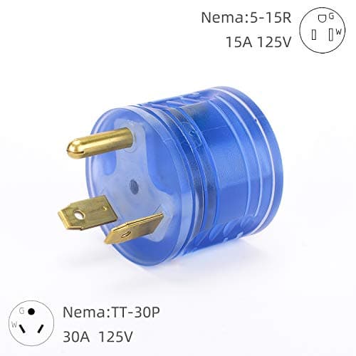 RV Power Adapter 30 amp to 110 Adapter, NEMA TT-30P to 5-15R , 30A Male to 15A Female (30M/15F-Round, Clean Blue)