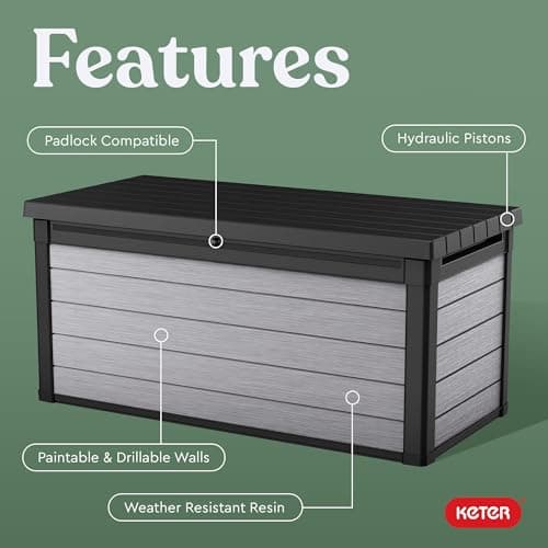Keter Denali 150 Gallon Resin Large Deck Box with Double Wall 20mm Panels - Paintable and Drillable-Organization and Storage for Patio Storage Box and Outdoor Items, Grey & Black