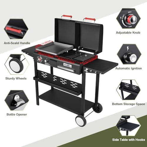 Bestfire Dual Fuel Propane Gas Charcoal Grill Combo Black Dual Lids, Flat Top Grill With 2 Side Shelves for BBQ, Outdoor and Backyard Cooking