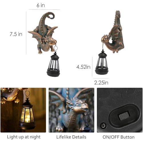 Dragon Solar Garden Statue - Gothic Outdoor Wall Hanging Decor with Solar Light, Fantasy Dragon Figurine for Patio, Yard, or Tree - Unique Whimsical Gift for Adults, Men & Women