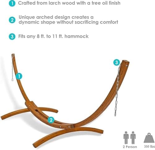 Wodden Hammock Base Larch Wood 2 Person 350 Pound Capacity Arc Stand Hammock Teak Finish 55" Dx164:Wx49 H (Stand Only)