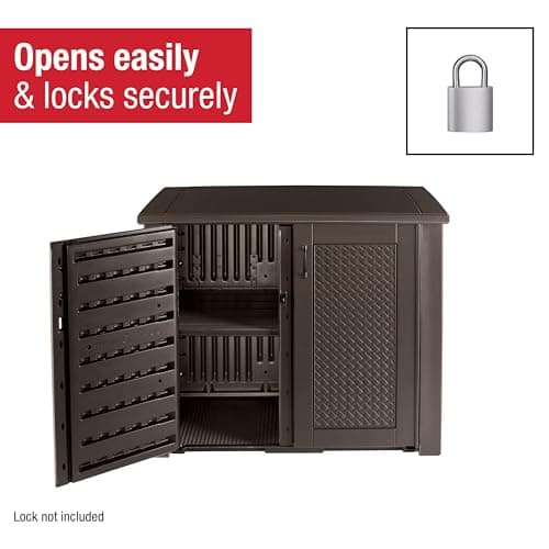 Rubbermaid Decorative Outdoor Storage Cabinet (123 Gal), Weather Resistant, Brown, Organization for Home/Backyard/Pool Chemicals/Toys/Garden Tools/Porch/Patio Cushions