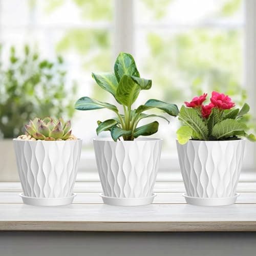 12 Pack 4 Inch Small Plant Pots with Saucers, 3D Textured Plastic Planters with Drainage Holes for Indoor and Outdoor Plants, Flowers, Herbs, Succulents, and Seedlings, White
