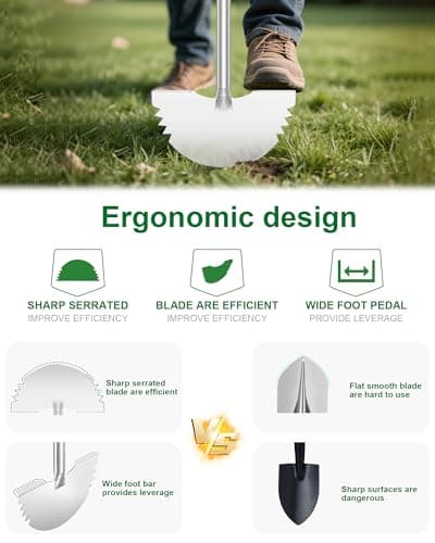 Serrated Edger Lawn Tool - Half Moon Shovel with Softer T-Handle, Lawn Edger for Yard, Garden, Landscaping, Sidewalk, Cable Burial - Ergonomic Design, Rust-Proof, 38 in.