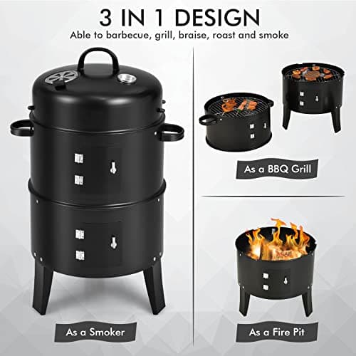Giantex 3-in-1 Outdoor Smoker Grill, Portable Charcoal BBQ Grill with Smoker Combo, Built-in Thermometer and Air Vent, 6 Hooks, 2 Layers Vertical Steel Charcoal Smoker for Outdoor Cooking Camping