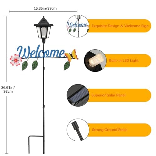 Solar Garden Lights Butterfly, 36.6 Inch Solar Lamp Post Light with Welcome Sign & Butterflies, Outdoor Waterproof Solar Stake Lights for Yard Porch Patio Pathway Gardening Gifts, 2 Pack