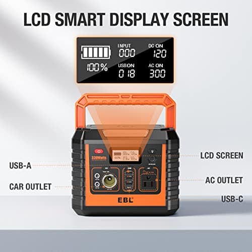 EBL Portable Power Station 300, 110V/330W Pure Sine Wave Solar Generator (Solar Panel Not Included) - Peak 600W Backup Lithium Batteries AC Outlet for Blackout Outdoors Camping Hunting Travel