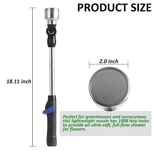 STYDDI Soft Rain Watering Wand with Pivoting Head and Thumb Control, 18" Gentle Classic Rain Wand with 1008Holes Stainless Head, Perfect for Hanging Baskets, Planters, Greenhouses and Seedbed