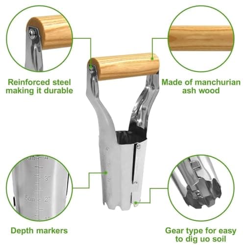 Bulb Planter Tool, 4 Inches Depth Mark Hand Bulb Planter, Non-Bending Stainless Steel Bulb Planter Digger, Garden Bulb Transplanter with Comfortable Grip Wooden Handle for Tulip and Daffodils