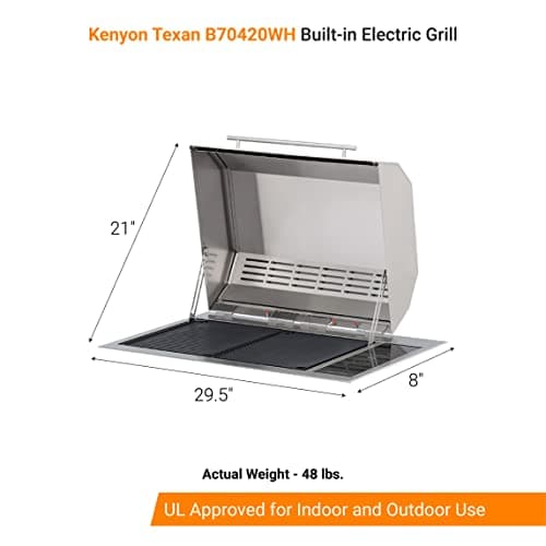 Kenyon Texan Built-In Electric Grill with Faceted Single Piece Lid and Standard Lite Touch Control, Stainless Steel Body, UL-Approved for Use Indoors and Outdoors, No-Flame Grill, 240 Volts