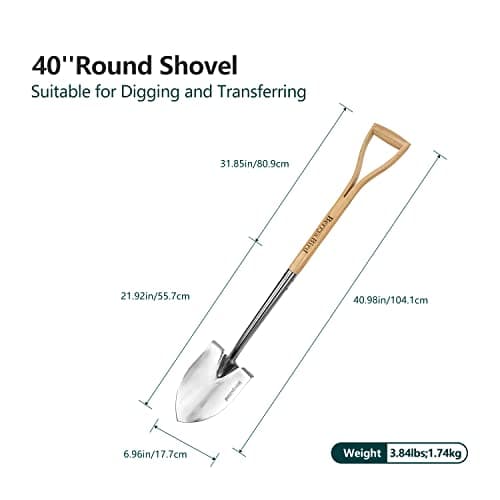 Round Point Gardening Shovel with Wood D-Handle, 40.98" Stainless Steel Beach & Snow Shovel
