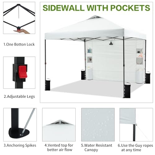 10'x10' Pop Up Canopy Tent with 1 Sidewall and 6 Pockets, One Push Setup, Instant Shade Tent with Vented Roof for Beach Patio Outdoor, Case, 8 Stakes, 4 Ropes, 4 Sandbags (White)