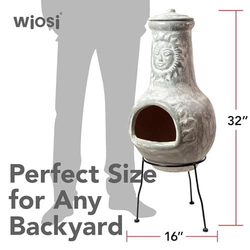 Wiosi Medium Chiminea Outdoor Fireplace Grey Clay Chimineas with Chimney Rain Lids and Solid Metal Stands - Grey Terracotta Chimenea - Rustic Fire Pit Chimnea 16 x 16 x 32-inch