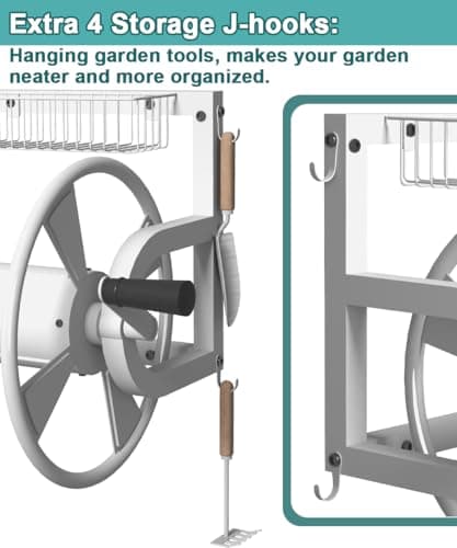 Outdoor Wall Mounted Hose Reel with Hook, Garden Heavy-Duty Water Hose Holder Winder with 3.9 ft Leader Hose, Brass Fitting and Storage Basket for Yard, Holds 125 Ft of 5/8-Inch Hose, White