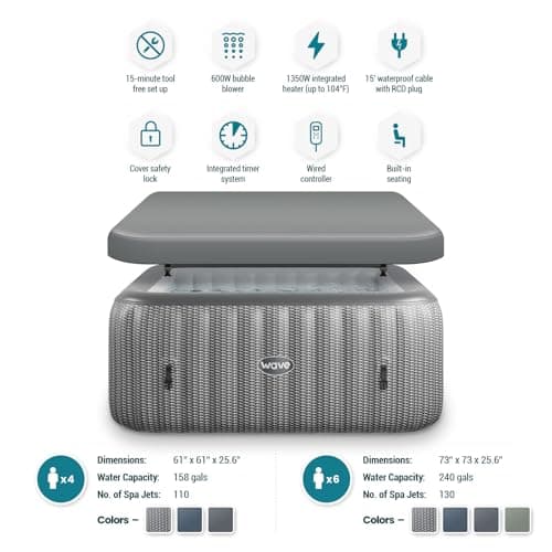 Pacific Energy-Efficient Hot Tub Bundle | 6-Person Inflatable Spa with Thermal Cover & Insulated Foam Mat | Gray Rattan