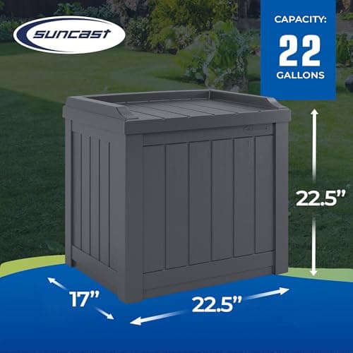 Suncast Small Deck Box Storage w/Bench Seat for Indoor & Outdoor Use, 22 Gal., Cyberspace