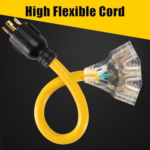 30 Amp to 110 Outdoor Generator Adapter Power Cord, 3 Prong Locking 30 Amp to 15 Amp Generator Cord, NEMA L5-30P Male to 3X 5-20R Female with Lighted End, 1.5FT
