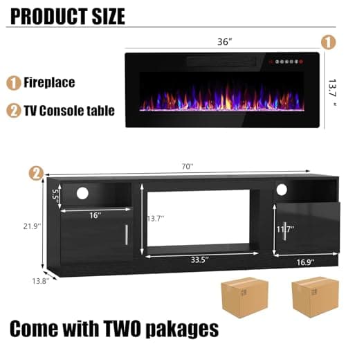 VITESSE Fireplace with TV Stand 36" inch Electric Fireplace Up to 80" TVs, LED Light Entertainment Center, 70" Modern Wood High Gloss with Highlight Storage Cabinet for Living Room (Black)