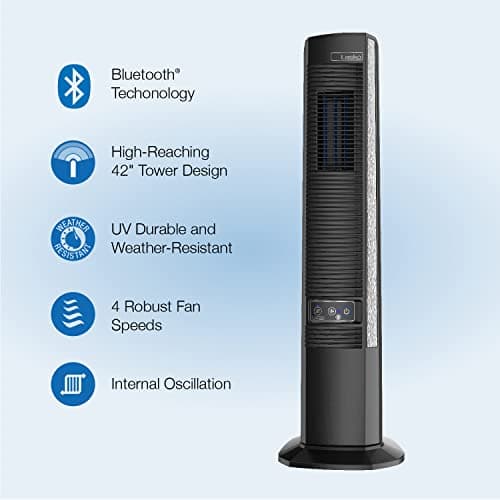 Lasko 42" Portable Outdoor Tower Fan with Bluetooth Technology for Decks, Patios and Porches with 4 Speeds, Night Mode, Internal Oscillation, Black, YF200, Large