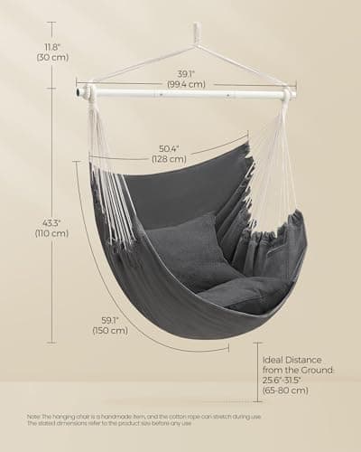SONGMICS Hammock Chair, Load Capacity 500 lb, Hanging Chair with 2 Cushions, Large Hammock Swing with Chain and Pocket, for Indoor, Outdoor, Living Room, Bedroom, Slate Gray UGDC197G02