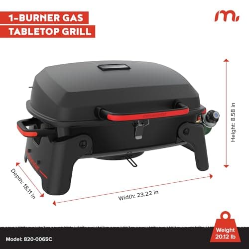 820-0065C 1 Burner Portable Gas Grill for Camping, Outdoor Cooking , Outdoor Kitchen, Patio, Garden, Barbecue with Two Foldable legs, Red + Black