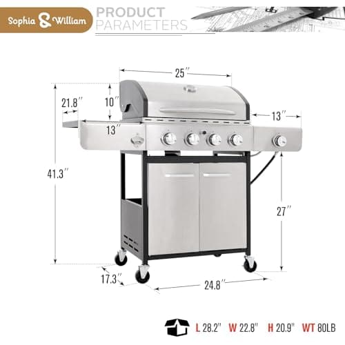 Sophia & William 4-Burner Propane Gas BBQ Grill with Side Burner and Porcelain-Enameled Cast Iron Grates, Stainless Steel Barbecue Grills Outdoor Cooking, Silver Cabinet Style, 42,000BTU