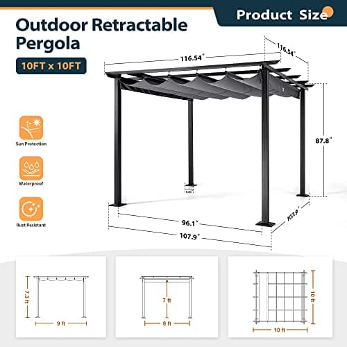 HAPPATIO 10' X 10' Pergola Retractable Canopy for Backyards, Gardens, Patios, Outdoor Pergola with Sun Shade Canopy, Includes Ground Studs and Expansion Screws (Grey)