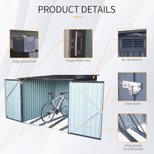 Ball & Cast 6x6 FT Outdoor Bicycle Storage Shed Galvanized Metal Garden Tool House with 4 Bike Tracks & Lock Doors,Waterproof Cabinet W/Slanted Roof Design and Air Vent,Black