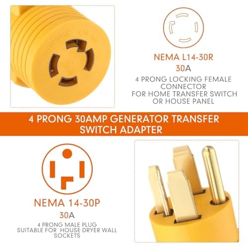 Kanayu 4 Prong 30 Amp Dryer Adapter Compatible with NEMA 14-30P to L14-30R, 4 Prong Dryer Outlet to Generator Locking Plug Adapter Welder Generator EV Charger Cord Adapter