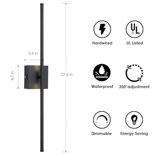 Modern Wall Sconces Set of Two, Dimmable Hardwired Wall Sconces, 350° Rotate, LED Matte Black Wall Light Fixtures, 3000K Warm Light Wall Lamp for Bathroom, Living Room, 27.8 Inch (2 Pack)
