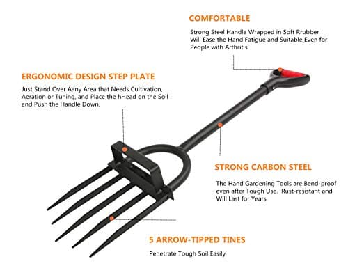 5-Tine Heavy Duty Pitch Fork for Gardening - Long Handled Digging Fork Garden Claw Weeder