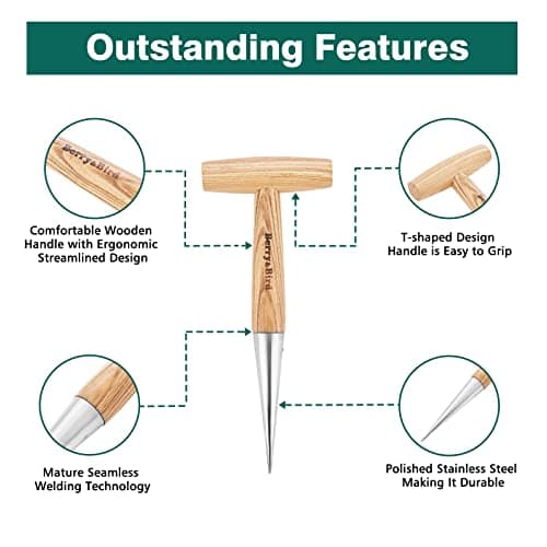 Hand Dibber, Stainless Steel Sow Dibbler with Wood Handle, Garden Hole Punch Dibbler Tool for Planting Seeds & Bulbs, Hand Held Bulb Planter for Planting Flowers Tulips, Daffodils, Dahlias