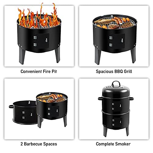 ZXMT 17 Inch Vertical Multi-Layer Steel Charcoal Smoker, Heavy Duty Round Charcoal BBQ Grill for Outdoor Smoking Grill with Thermometer Outdoor Home Party