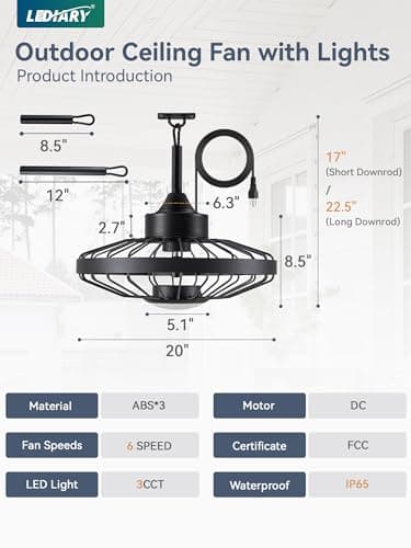 LEDIARY 20" Outdoor Ceiling Fans with Lights and Remote Control, Waterproof Caged Ceiling Fan with 3 Color LED Light,Portable Hanging Gazebo Fan with Plug in Cord Hook for Patios,Black