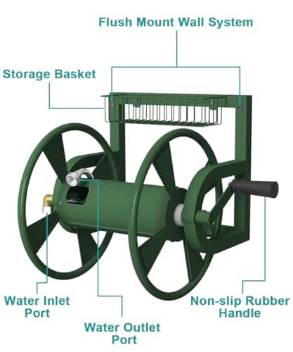Garden Wall Mounted Hose Reel, Outdoor Heavy-Duty Water Hose Holder Winder, Holds 125 Feet of 5/8-Inch Hose, with 3.9 ft Leader Hose, Brass Fitting and Storage Basket for Yard, Green