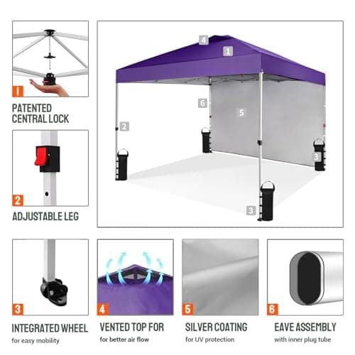 CROWN SHADES 10x10 Pop Up Canopy with 1 Side Wall - Beach Tent with One Push Setup - Outdoor Sun Shade for Events, Parties, Camping - Gazebo with STO-N-Go Cover Bag (Purple)