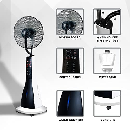 XBrand Oscillating Pedestal Fan with Mist, Misting Fan for Home, Office, Patios with Timer & Remote Control, 47 Inch Height,Black and White