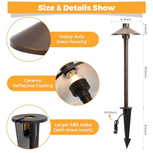 Gardencoin Solid Brass Low Voltage Pathway Lights (6.7'' Shade, 21.9'' Tall), 12V AC/DC Heavy Duty LED Landscape Path Lights Outdoor Wired, Antique Bronze Walkway Lights with Larger Stake, 6-Pack