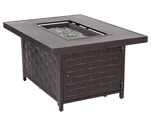 Fire Sense 62745 Armstrong Basketweave Aluminum Convertible Gas Fire Pit Table 55000 BTU Multi-Functional Outdoor Firepit with Fire Bowl Lid, Nylon Cover Clear Fire Glass Bronze Finish - Rectangular