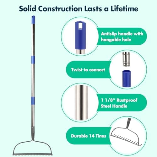Rake, 60 Inch Garden Bow Rake with 14 Tines, Heavy Duty Stainless Steel Raking Tool for Gardening Landscaping Loosening Soil Leveling Mulching Gravel Gathering Leaf Thatch Lawn Care