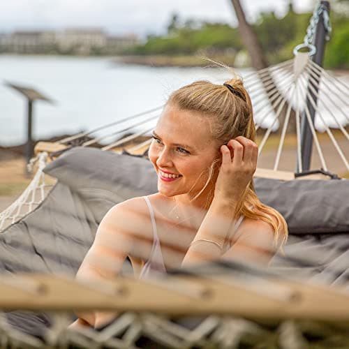 SUNCREAT Double Outdoor Hammock with Stand, Two Person Cotton Rope Hammock with Polyester Pad, Dark Gray
