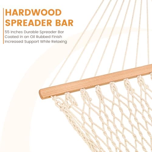 Lazy Daze Hammocks Double Rope Hammock, 2 Person Traditional Outdoor Hand Woven Cotton Rope Hammock with Spreader Bar, Chains, Tree Straps for Patio Yard - Max 450 Lbs, Natural