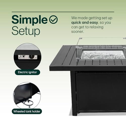 42-Inch Square Propane Gas Fire Pit Table: 50,000 BTU Aluminum Slat Top w/Lid, Stainless Steel Burner, Windguard, 8KG Glass Beads, 300D PVC Cover, CSA-Listed