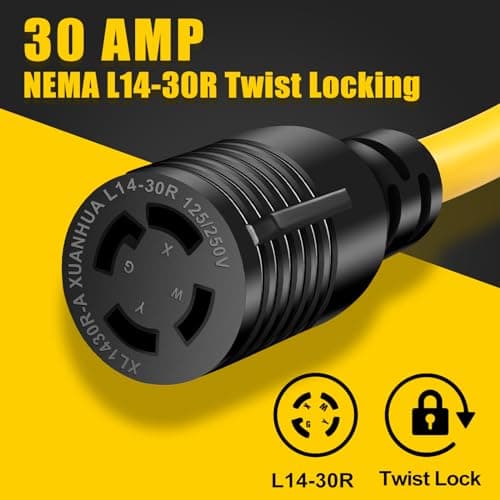 30 AMP Generator Transfer Switch Adapter Cord, Heavy Duty STW 10 Gauge NEMA TT-30P Male to L14-30R Female, 3 Prong to 4 Prong Generator Adapter Plug Twist Lock to House Inlet Box,1.5FT