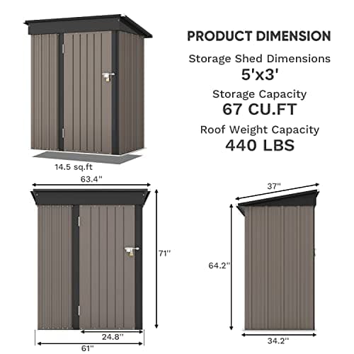 Patiowell 5x3 FT Outdoor Storage Shed, Tool Shed with Sloping Roof and Lockable Door, Metal Shed for Backyard Garden Patio Lawn, Brown
